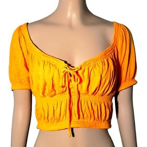 Urban Outfitters Crop Lace Up Peasant Top Womens L Tangerine Viscose Puff Sleeve